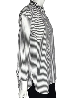 Brunello Cucinelli Gray & White Vertical Stripe Embroidered Collar Shirt – Size XL