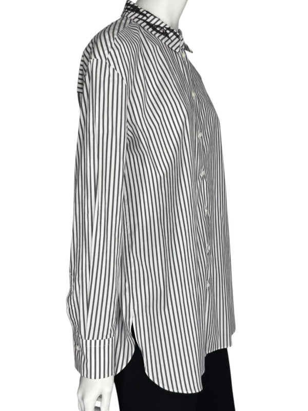 Brunello Cucinelli Gray & White Vertical Stripe Embroidered Collar Shirt – Size XL