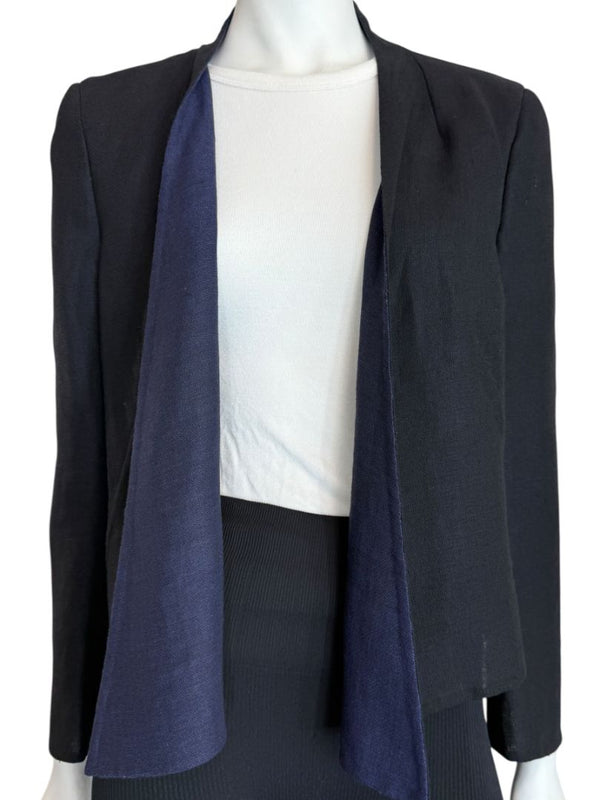 Akris Bergdorf Goodman Linen-Blend Cropped Open Jacket – Black & Navy – Size US 10