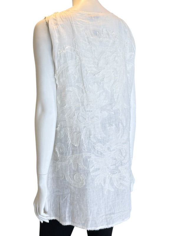 Fendi White Linen Sleeveless Tunic with Textured Floral Appliqué – Size L