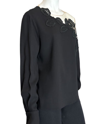 Oscar de la Renta Resort 2019 Black Silk Embroidered Illusion Neck Blouse – Size 8 - NWT