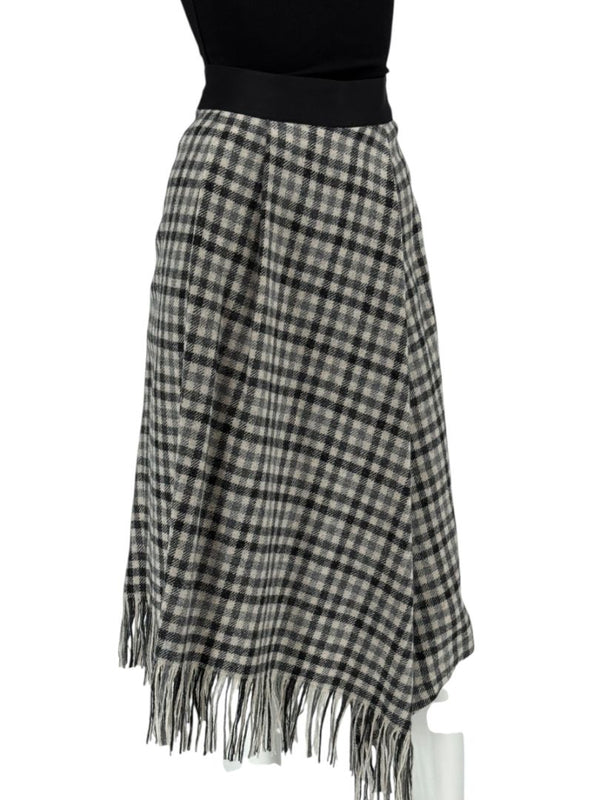 Brunello Cucinelli Black & Ivory Checked Wool Skirt with Fringe Hem – Size IT 44 (US 8)
