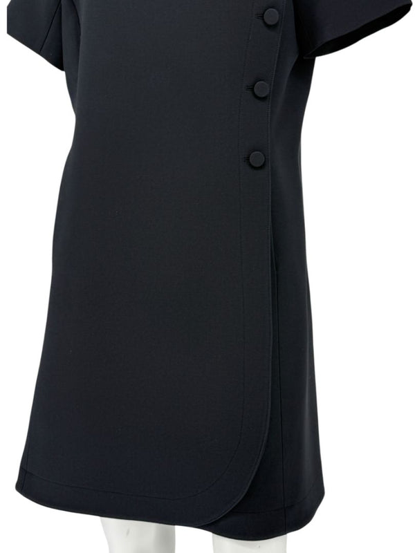 Christian Dior Paris Black Wool-Silk Shift Dress with Asymmetric Button Detail – Size FR 42 (US 10)