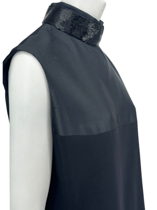 Pamella Roland Black Sleeveless Beaded Collar Shift Dress – L