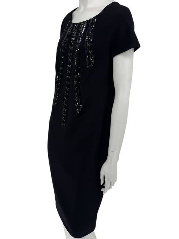 Pamella Roland Black Sequin Embellished Short Sleeve Cocktail Dress – Large