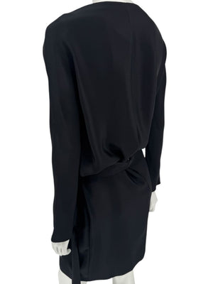 Pamella Roland Black Drape-Front Long Sleeve Belted Mini Dress – Large