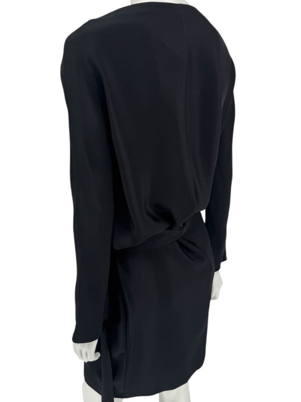 Pamella Roland Black Drape-Front Long Sleeve Belted Mini Dress – Large