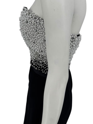 Pamella Roland Black Strapless Gown Silver Pearl Crystal Beaded Bodice Size 8 Evening Dress