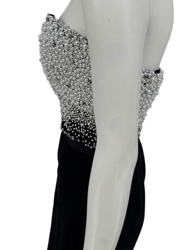 Pamella Roland Black Strapless Gown Silver Pearl Crystal Beaded Bodice Size 8 Evening Dress