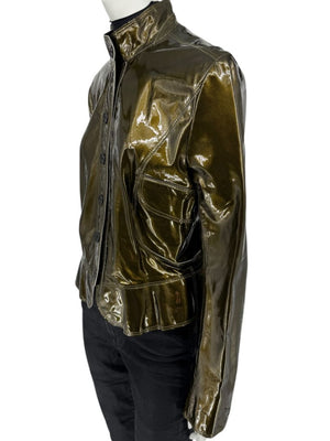 Burberry London Metallic Olive Green Leather Jacket – Size UK 12 / US 10