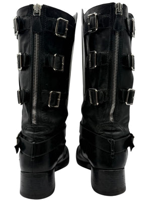 Chanel Black Leather Moto Boots with Silver Armor Plate – Size 40.5