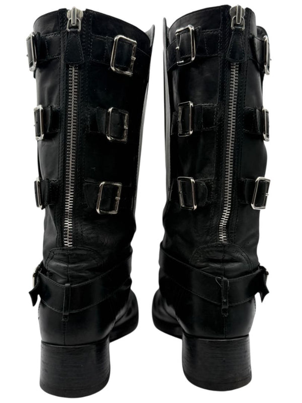 Chanel Black Leather Moto Boots with Silver Armor Plate – Size 40.5