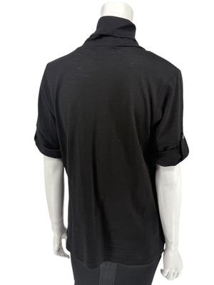 Burberry London Black Wool Short-Sleeve Pleated Funnel-Neck Top – Size L