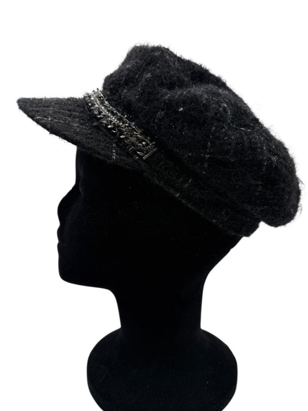 CHANEL Black Tweed Newsboy Cap with Signature Chain Trim