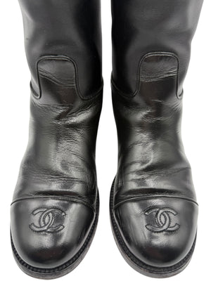 Chanel CC Captoe Black Leather Riding Boots – Size 36.5