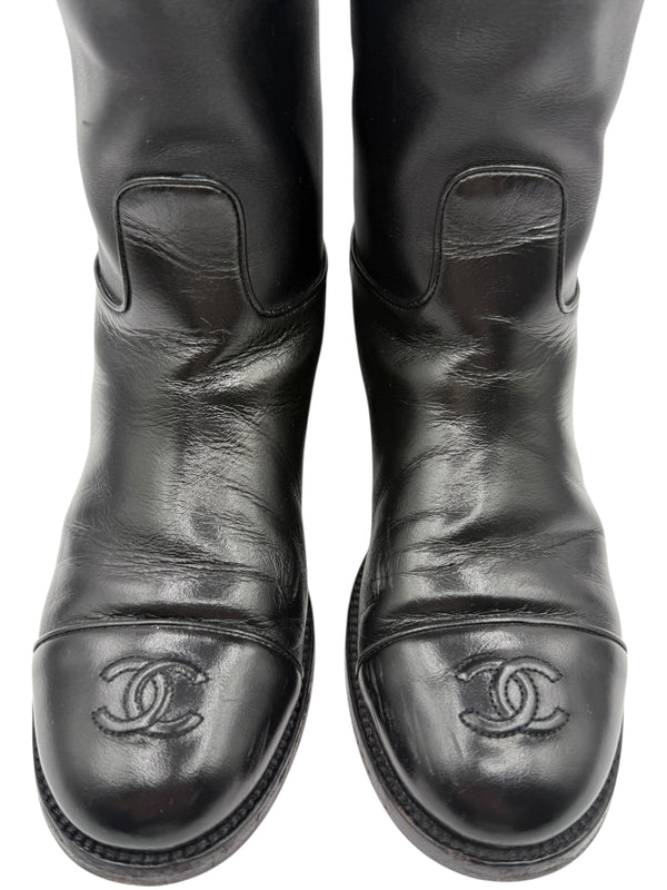 Chanel CC Captoe Black Leather Riding Boots – Size 36.5