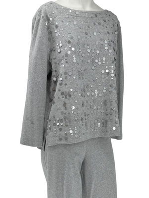 Joan Vass Gray Sequin-Embellished Knit Top & Pant Set – Size XL