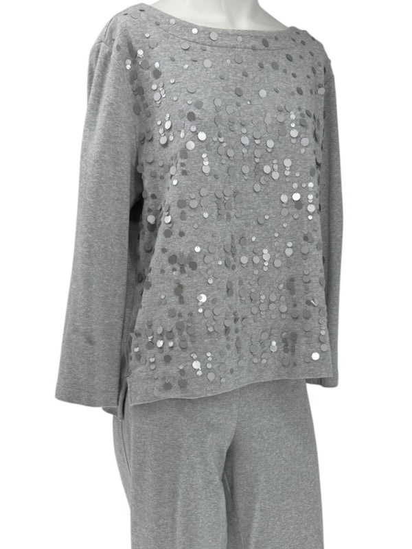 Joan Vass Gray Sequin-Embellished Knit Top & Pant Set – Size XL