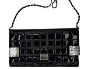 Chanel Black Patent Leather Chocolate Bar Clutch On Chain