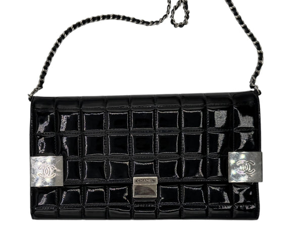 Chanel Black Patent Leather Chocolate Bar Clutch On Chain