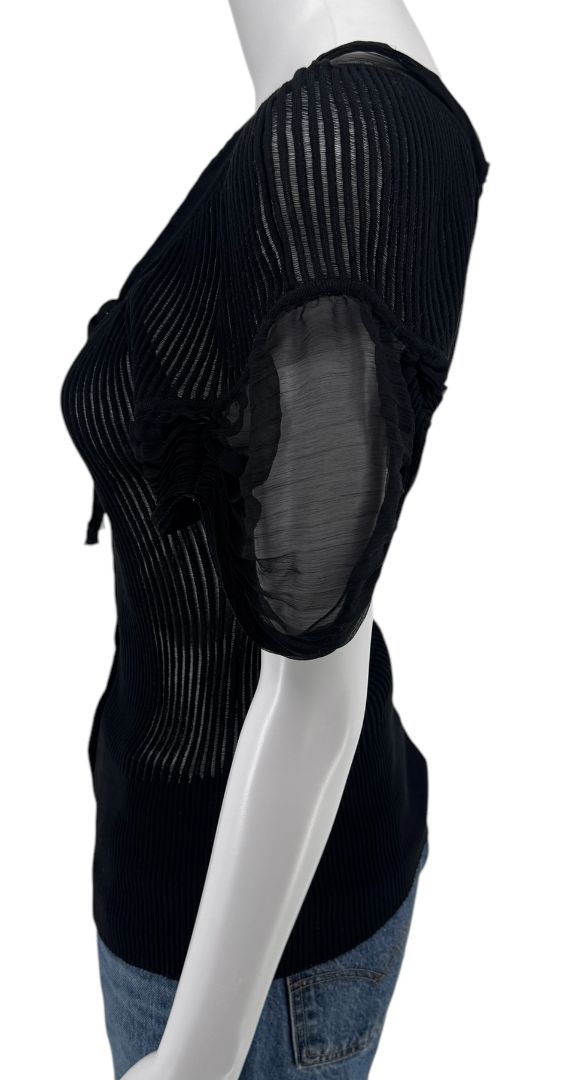 Jean Paul Gaultier Black Ribbed Sheer Top with Puff Sleeves - S