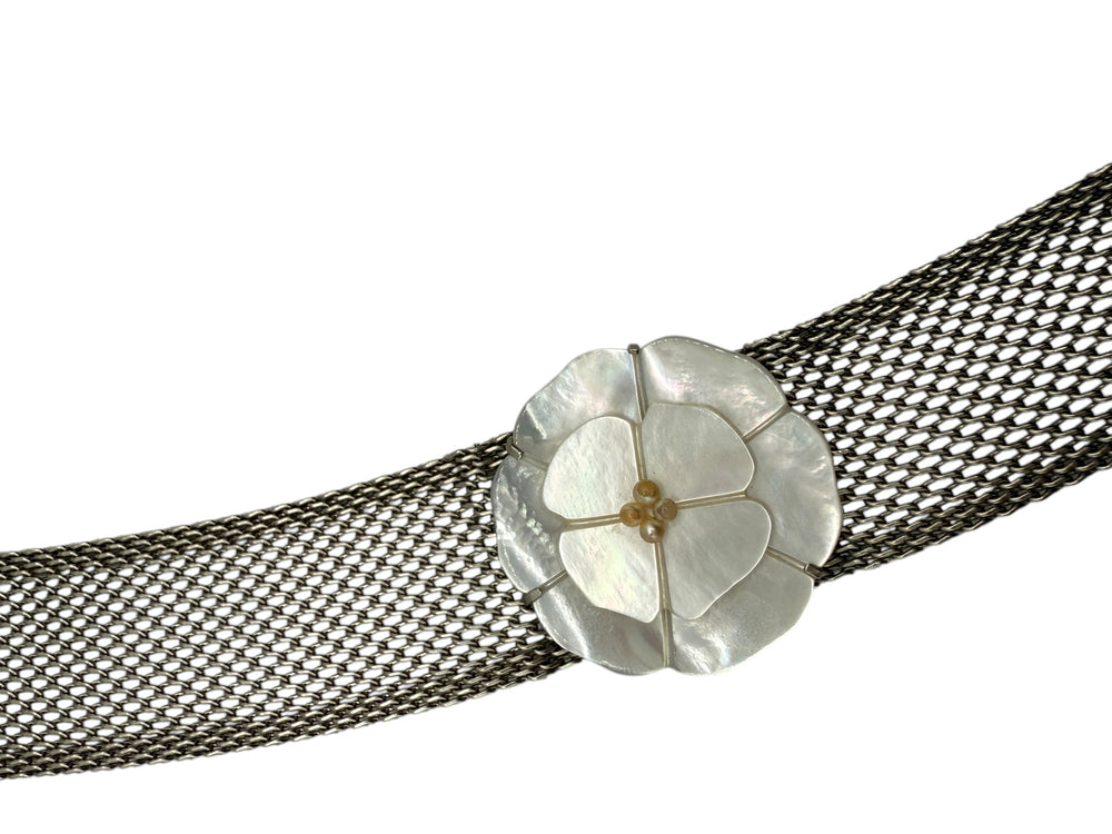 CHANEL Camellia with mesh silver choker collar.