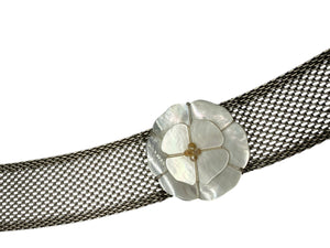 CHANEL Camellia with mesh silver choker collar.