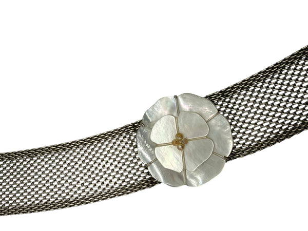 CHANEL Camellia with mesh silver choker collar.