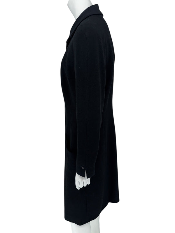 Chanel F/W 02 Long Black Wool Jacket Pearl Buttons - Size 44