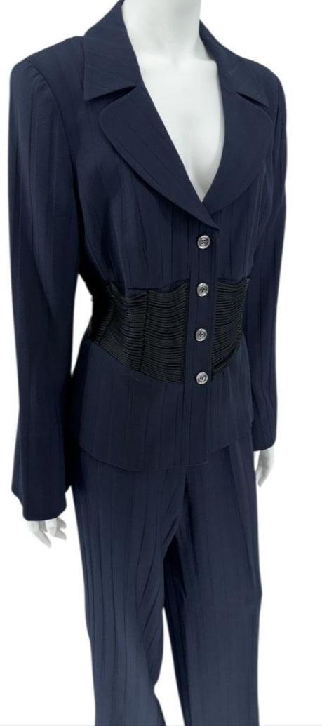 Armani Collezioni Navy Pinstripe Pantsuit with Corset-Style Waist Trim – Size IT 48