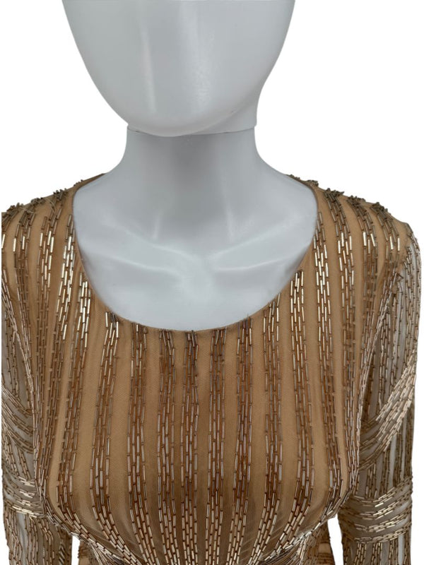 Pamella Roland Gold Beaded Illusion Mesh Evening Dress – Size 4