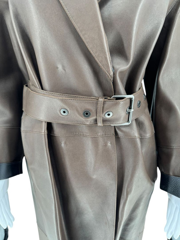 Brunello Cucinelli Chocolate Leather Belted Coat - Size 4