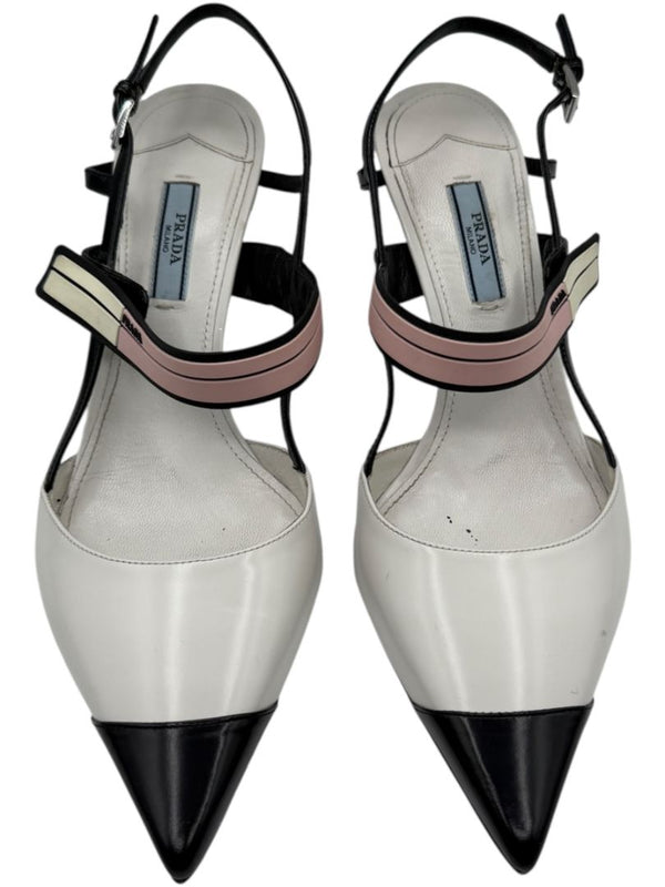 Prada White, Black & Blush Patent Leather Kitten Heels – Size 39.5