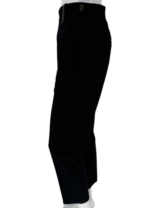 Brunello Cucinelli Black Tapered Wool Trousers with Monili Belt Loop-Size 10