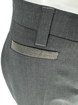 Brunello Cucinelli Charcoal Wool Tapered Trousers with MONILI Trim – Size IT 46 / US 10