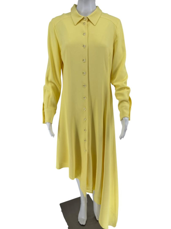 Pamella Roland Pale Yellow Crystal Button Shirt Dress with Asymmetric Hem - L