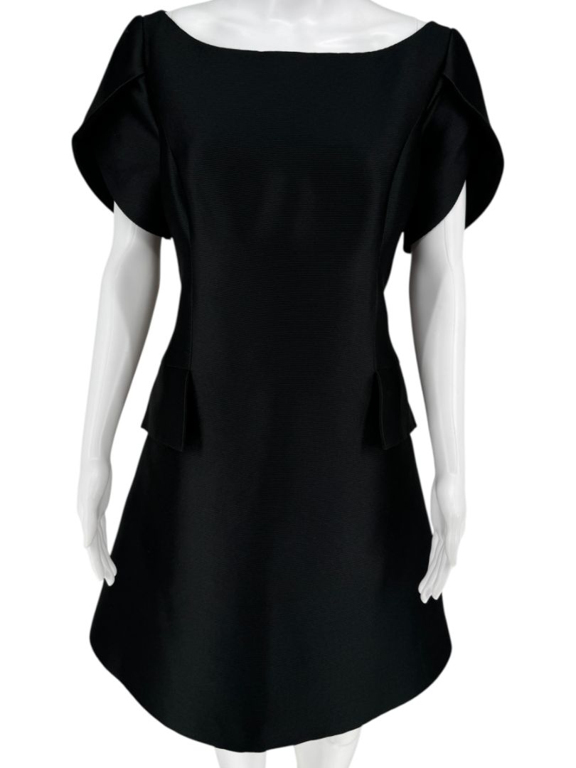 Pamella Roland Black Structured A-Line Dress with Sculptural Sleeves – Large