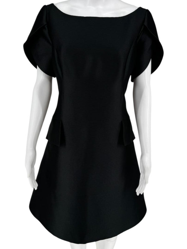 Pamella Roland Black Structured A-Line Dress with Sculptural Sleeves – Large