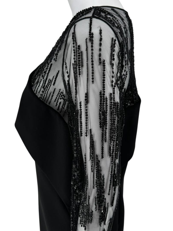 Pamella Roland Black Embellished Mesh Sleeve Cocktail Dress – Large