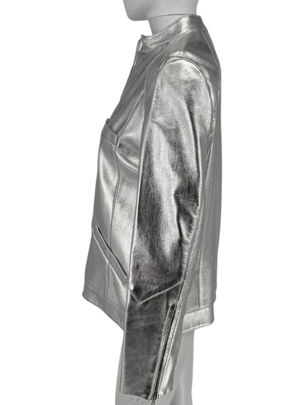 Pamella Roland Silver Metallic Leather Moto Jacket – Size 8