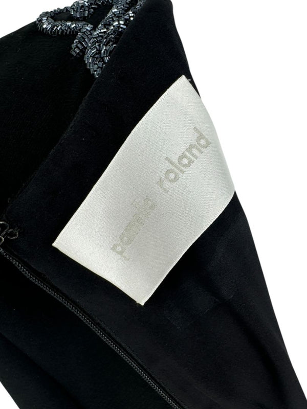 Pamella Roland Black Sleeveless Sheath Dress with Beaded Scroll Embellishment – Large