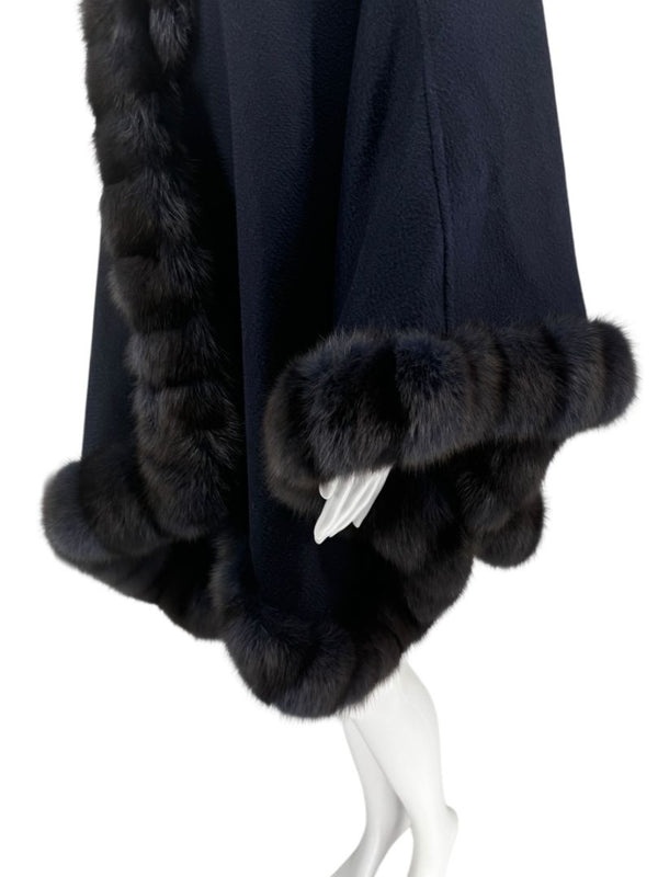 Pamella Roland Navy Cashmere Blend Cape with Genuine Fur Trim - One Size
