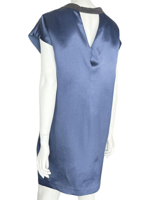 Brunello Cucinelli Navy Silk Shift Dress with Contrast Trim – Size XL- NEW