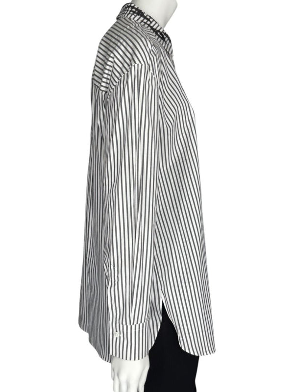 Brunello Cucinelli Gray & White Vertical Stripe Embroidered Collar Shirt – Size XL