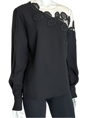 Oscar de la Renta Resort 2019 Black Silk Embroidered Illusion Neck Blouse – Size 8 - NWT