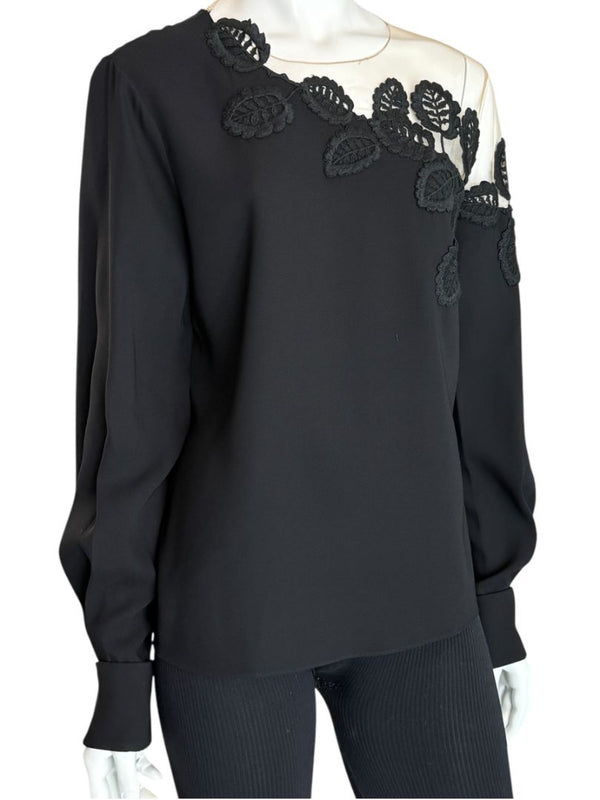 Oscar de la Renta Resort 2019 Black Silk Embroidered Illusion Neck Blouse – Size 8 - NWT