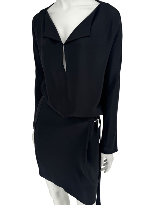 Pamella Roland Black Drape-Front Long Sleeve Belted Mini Dress – Large
