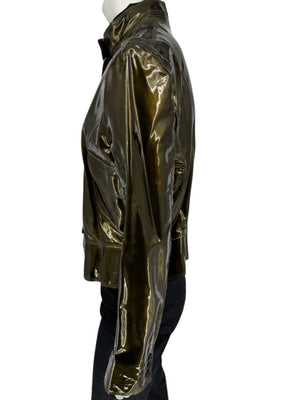 Burberry London Metallic Olive Green Leather Jacket – Size UK 12 / US 10