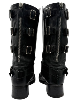 Chanel Black Leather Moto Boots with Silver Armor Plate – Size 40.5