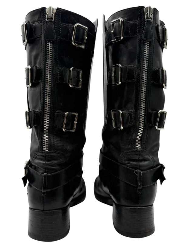 Chanel Black Leather Moto Boots with Silver Armor Plate – Size 40.5